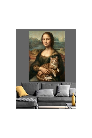 Kedili Mona Lisa Ünlü Ressam Yağlı Boya Dokulu Kanvas Tablo Canvas Tablosu