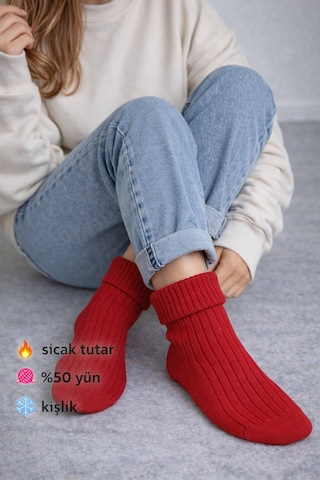 Perili Yün Bot Çorabı Kırmızı Kırmızı
