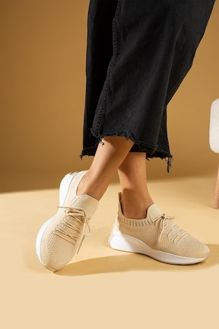 Shoetek Faina Kadın Sneakers Triko Dokumalı Bağcıklı Spor Ayakkabı Bej Bej
