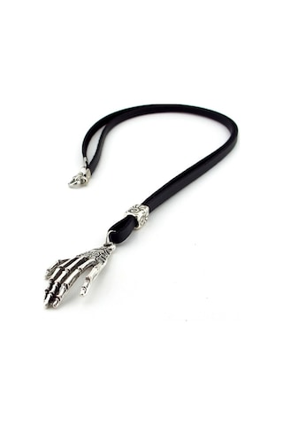 Solfera Metal Iskelet El Parmaklar Siyah Deri Erkek Kolye Q0587 Siyah