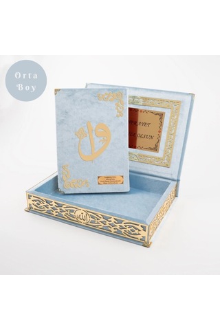 Raşel Kutulu Hediyelik Kuran-ı Kerim Orta Boy, Bebe Mavi, Elif-vav Gold Pleksi
