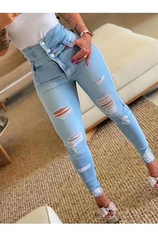 Valensdesign Kadın Yüksek Belli Önden Düğmeli Yırtık Detaylı Kot Pantolon Mavi