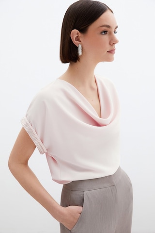Sateen Kollar Taş Detaylı Salaş Bluz - Pudra-136465 Pudra