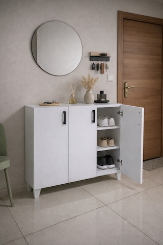 105 Cm 3 Kapaklı Beyaz Renk Ayakkabılık