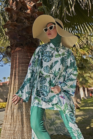 Remsa Mayo Remsa Tesettür Mayo Üzerine Tek Kaftan Kimono Pareo Rp017 Yeşil Yapraklar Yeşil