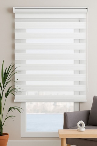 Ekru Beyaz Geniş Plise Eteği Düz Stor Zebra Güneşlik Perde Alüminyum Kasa, Metal Ayak Mat Beyaz