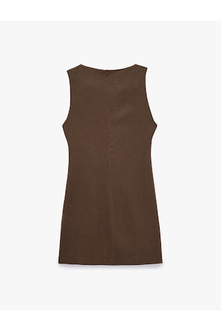 Koton Keten Karışımlı Slim Fit Drapeli Yuvarlak Yaka Metal Aksesuarlı Kolsuz Mini Elbise Kahverengi 6sak80191pw Kahve