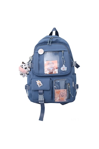 Samdoo Kadınlar İçin Mavi İnek Desenli Rozetli Dayanıklı Yumuşak Kumaş Okul Çanta - Lise Üniversite Öğrenci Sırt Çantası Çok Renkli