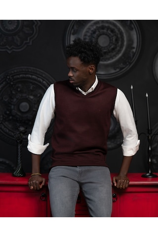 V Yaka Regular Fit Yünlü Kolsuz Triko Süveter Bordo