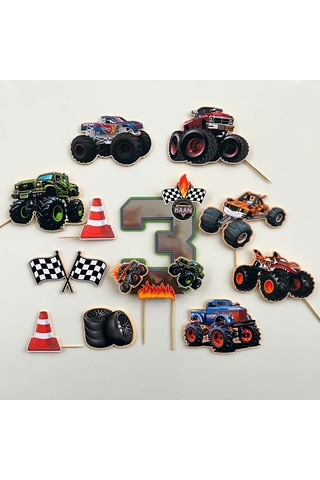 Canavar Kamyon Temalı Erkek Çocuk Doğum Günü İsme Özel 3d Pasta Süsü Seti Çocuk