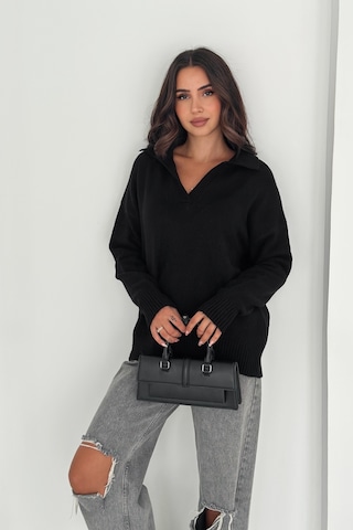 Femelle Siyah Kadın Polo Yaka Oversize Triko Kazak - Standart Beden Yumuşak Dokulu - 8551