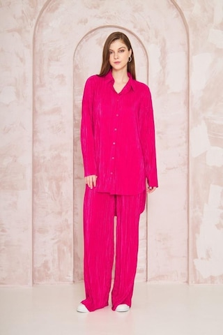 Kadın Pliseli Beli Lastikli Pantolon Tunik Gömlek Ikili Bürümcük Salaş Takım 3573300 Fuşya