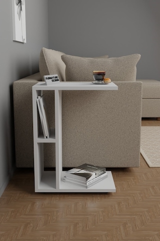 C Yan Sehpa Tekerlekli Koltuk Kenarı Dergilik Sehpa Beyaz