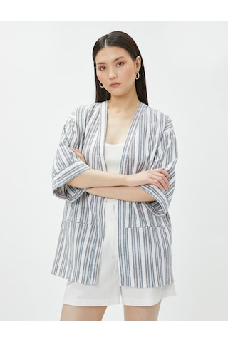 Koton Oversize Keten Kimono Cepli Kısa Kollu Çizgili Multi Renkli 3sak50189uw 3SAK50189UWCSM Çok Renkli