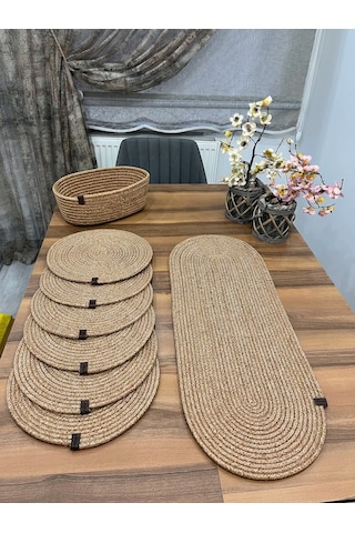 Senza Atelier Lüks 8 Parça Jüt Masa Sunum Seti Oval Runner, 6 Lı Supla Ve Sunum Sepeti Takımı Hasır