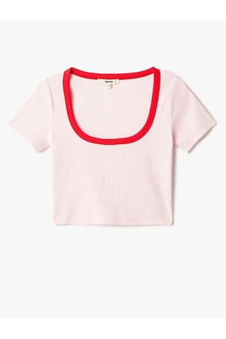 Koton Pamuklu Slim Fit Kontrast Detaylı Kısa Kollu U Yaka Fitilli Crop Tişört Pembe 5sak50342ek Gül