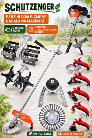 Schutzenger HX-50 Benzinli Çapalama Ve Eşeleme Başlıklı Çim Kesme Motoru 2 Çapalama 7 Başlıklı Full Bahçe Seti 52CC