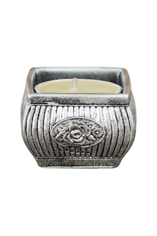 Eskitme Mumluk Şamdan Tealight Mum Uyumlu Mini Çizgili Çiçekli Model - Gümüş Eskitme