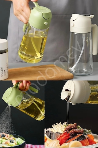 2'li Çift Fonksiyonlu Cam Yağdanlık 550ml Kulplu Zeytinyağı Sıvıyağ Şişesi Airfryer Sprey Yağlık