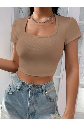 Rooted-kadın Kare & Havuz Yaka Crop T-shirt ,likralı Fitilli Kaşkorse Kumaş Bej