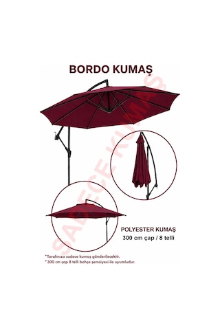 Bordo Polyester Kumaş 300 Cm / 8 Telli Makaralı Şemsiye İle Uyumlu