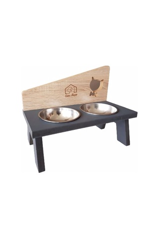 Liva Kedi Figürlü Ahşap Standlı İkili Kedi Mama ve Su Kabı