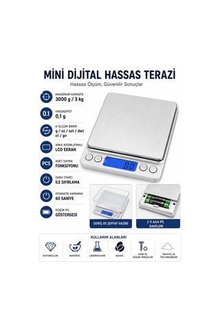 Dijital Hassas Mutfak Tartısı 3000 G Kapasiteli, 0,1 G Hassasiyetli, Lcd Ekranlı Mini Terazi, 6 Ölçüm Birimi, Dara Ve Pcs Adet Sayma Fonksiyonlu, Paslanmaz Çelik Çok Renkli