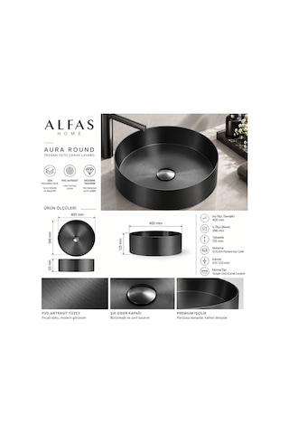 Alfas Aura Round 40 Cm Pvd Antrasit Mat Siyah Tezgah Üstü Çanak Lavabo 304 Paslanmaz Çelik Gun Black