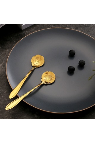Kosona Altın Renkli Çelik Çiçek Desenli Kahve Kaşığı - Ev Kullanıma Uygun, Dayanıklı Ve Şık Hediyelik Spoon Diğer