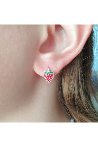 MAGRİB kırmızı çilekli gümüş çocuk küpesi