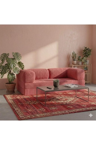 Herev 160x80 Sünger Koltuk İki Kişilik Kanepe Yataklı Yıkanabilir Kadife Kumaşlı Pembe