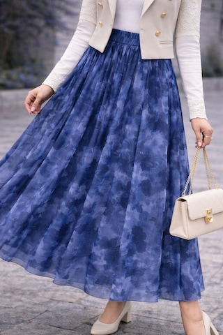 Hira Life Fashion Asimetrik Kesim Etnik Desen Ve Beli Lastikli İçi Astarlı Tül Etek Mavi Mavi