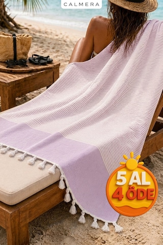 Calmera Çizgili Peştemal Pamuk - Doğal Saçaklı Plaj, Deniz, Havuz, Spa, Sauna, Spor, Seyahat Havlu - Lila