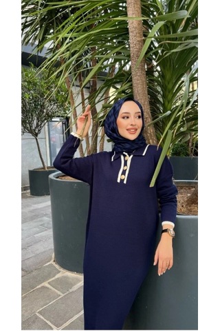 Modasehle Kadın Oversize Yaka Düğmeli Triko Elbise Lacivert