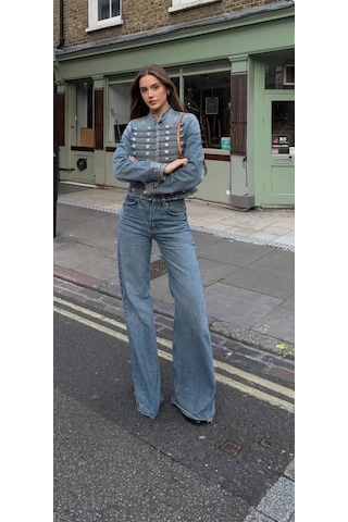 Nido Moda Kadın Mavi Denim Askeri Düğme Detaylı Dik Yaka Kot Ceket