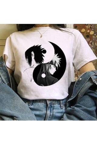 Noıssey Kırmızı Etiket Gala Naruto Uzumaki Sasuke Uchiha Anime T-shirt 11733 Beyaz