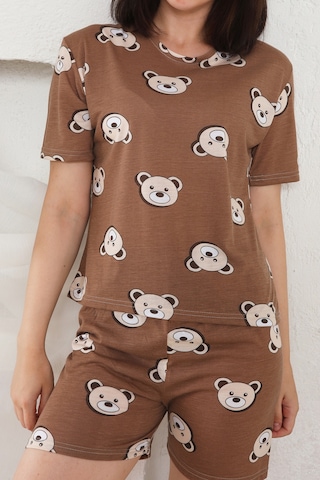 Fames Pijama Yazlık Desenli Loose Crop Şortlu Pijama Takım Kahverengi