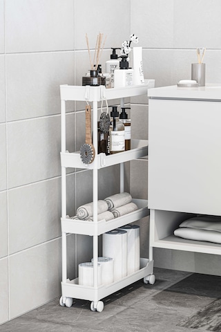 Beyaz 4 Katlı Tekerlekli Dar Düzenleyici Mutfak Ve Banyo Rafı Vesken