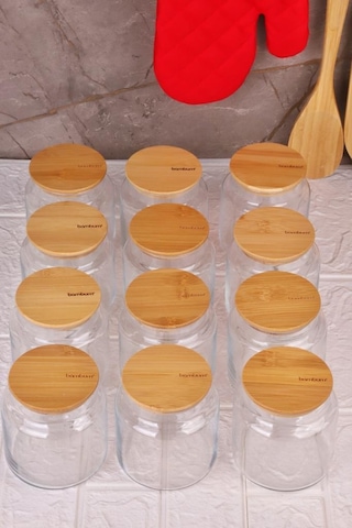 Zone - 12'li Cam Saklama Kabı 800ml Vakumlu Bambu Kapaklı Ahşap - Şeffaf