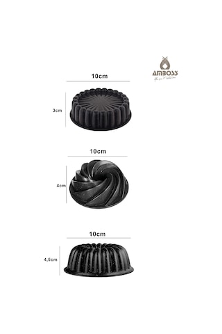 Mini Trio Family 6 Parça Döküm Mini Kek Kalıbı Seti Siyah