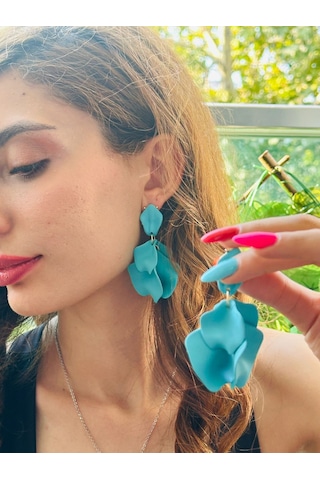 Yaprak Tasarım Kadın Küpe 7 Cm Mavi