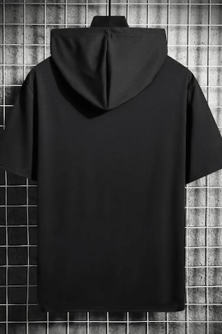 Tarz Cool Erkek Oversize Kısa Kollu Kapüşonlu Tişört Sweatshirt Siyah