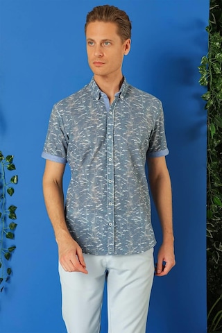 Efor Slim Fit Düğmeli Yaka Desenli Kısa Kol Pamuk Mavi Gömlek G 1499 Mavi