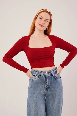 Defymoda Kare Yaka Basic Bordo Bluz Bordo