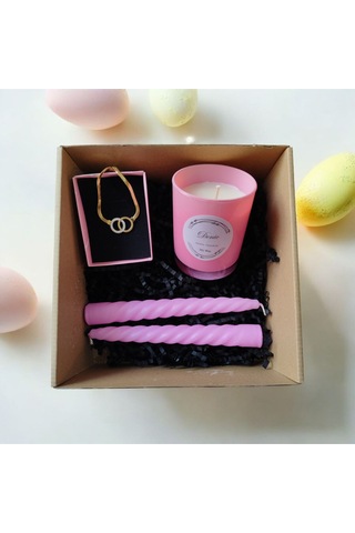Denic Hediye Seti Kokulu Pembe Bardak Mum Halka Kolye Burgulu Mum