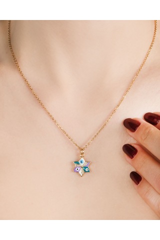 Kadın Kararmaz Çelik Mor Mavi Mineli Nazar Boncuklu Stil Kolye Altın