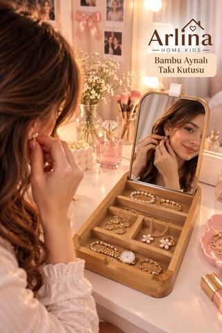 4 Bölmeli-aynalı Bambu Takı Ve Makyaj Organizeri Krem