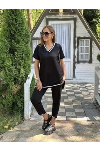 Kadın Kısa Kollu V Yakalı Iki Iplik Bluz Ve Pantolon Ikili Takım Siyah