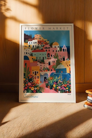 Santorini Yunanistan Çerçeveli Tablo Seyahat Severlere Salon Ve Ofis İçin Estetik Duvar Dekoru Travel Flower Market