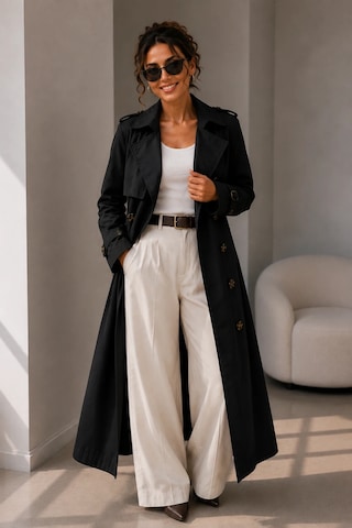 Bb Butik Basic Kadın Uzun Kruvaze Trençkot Düğmeli Klasik Model Tc0635 siyah